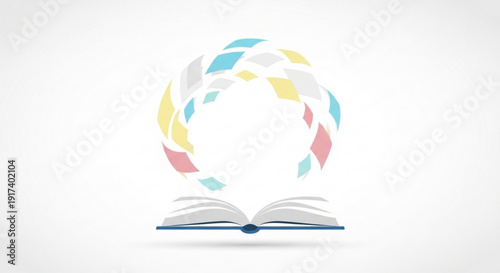 Open book with colorful pages flying out in a circular motion on white background symbolizing knowledge and learning