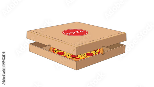 Partially open cardboard pizza box revealing a pepperoni pizza inside