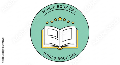 World book day logo with open book and stars on green background symbolizing reading and literature celebration