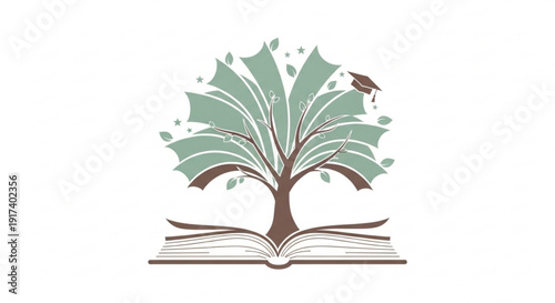 Tree growing out of an open book with a bird on a branch symbolizing knowledge and nature
