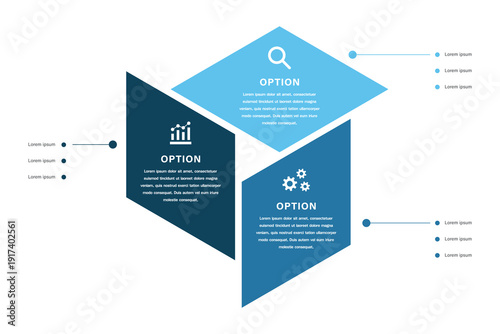 Diamond stacked business infographic with three options and icons