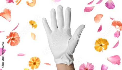 Hand in a white glove amidst colorful, scattered flower petals