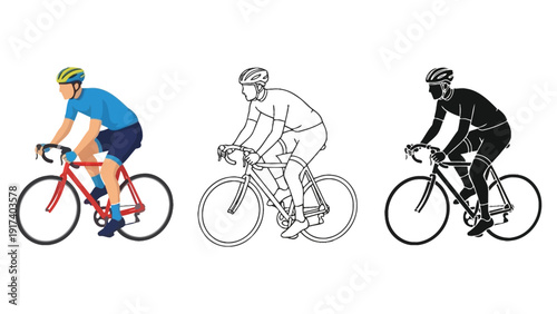 Athlete cycling on road bike in three styles: full color, outline, and silhouette