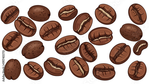 Scattered dark brown roasted coffee beans against a white background