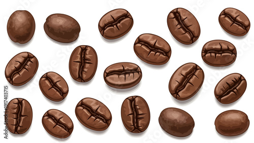 Scattered roasted coffee beans illustrated on a white background
