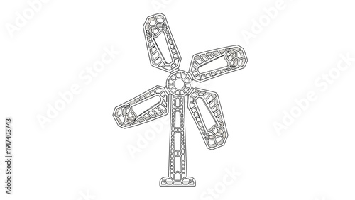 Schematic blueprint drawing of a multiblade vertical axis wind turbine structure