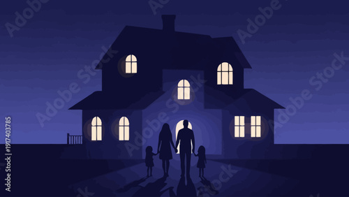 Silhouette of a family approaching a large illuminated house at night