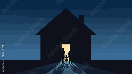 Silhouette of a family standing in a brightly lit doorway of a dark house at night