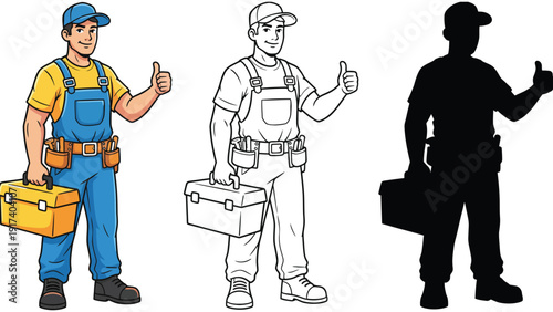 Skilled handyman in uniform holding toolbox and giving thumbs up, ready for work.