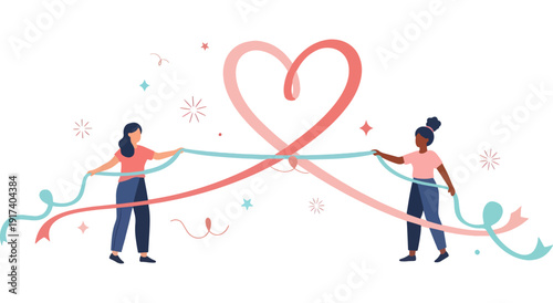Two figures holding hands around a large heart symbolizing love and unity Vector