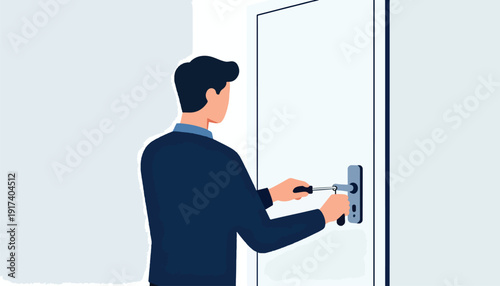 Person fixes a door handle with a screwdriver