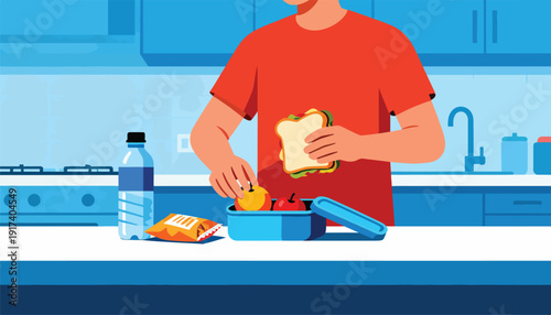 Person preparing a lunchbox with a sandwich, fruit, and snack