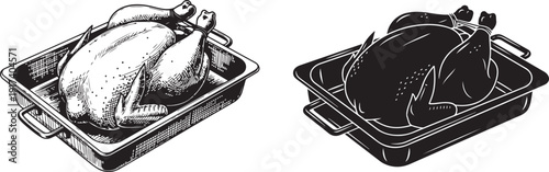 Roasted Chicken in Baking Pan, Vintage Black and White Engraving Illustration. Roasted chicken in a baking dish black and white illustration for culinary designs