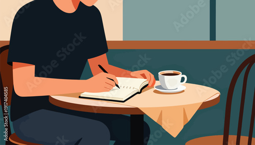 Person at cafe table writing in notebook with coffee