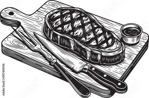 Grilled Steak on Wooden Cutting Board, Vintage Black and White Engraving Illustration. Grilled Steak on Wooden Board Black and White Illustration