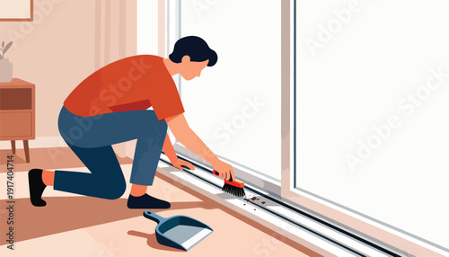 Person kneeling and sweeping dirt from a window track with a brush and dustpan