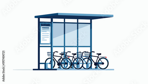 Blue bicycles parked under a modern shelter with a timetable