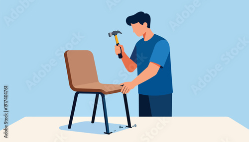 Person assembling chair with hammer and nails