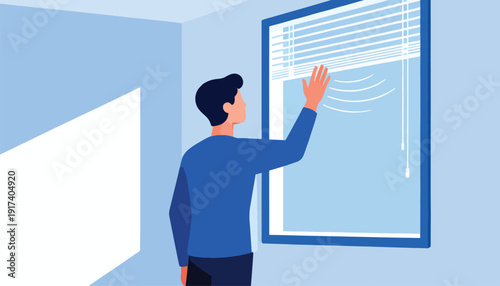 Man reaching out to adjust window blinds in a light blue room with geometric shapes