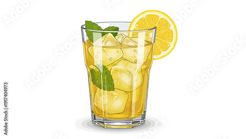 Glass of iced lemonade with mint garnish and lemon slice