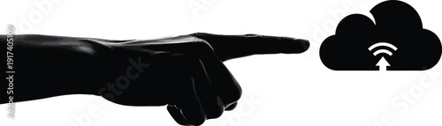 A pure black silhouette of a hand, pointing or interacting with a simplified, abstract digital element like a cloud symbol, a chat bubble, or a screen icon on a clean white background
