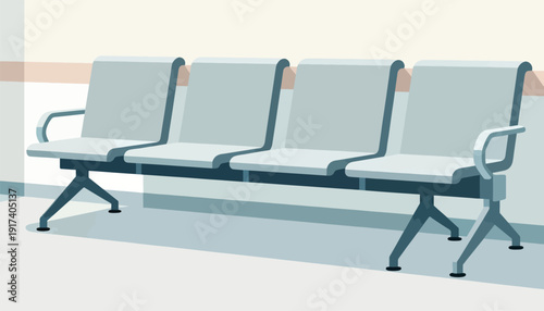 Minimalist waiting area with four connected light blue chairs and metal legs