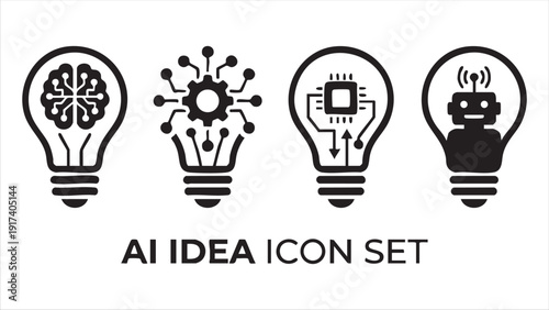 AI idea icon set featuring light bulbs with brain, gears, chip, and robot