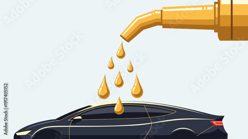 Gold liquid drips from a nozzle onto the dark silhouette of a car