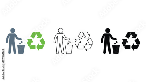 Recycling icon set with people throwing away trash and recycling symbols