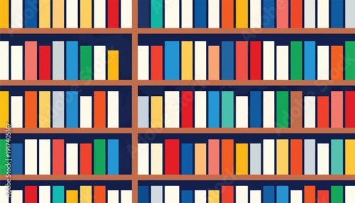 A colorful collection of books displayed on wooden shelves against a dark blue background