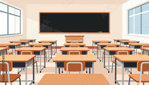 An empty classroom with rows of desks, chairs, and a blackboard