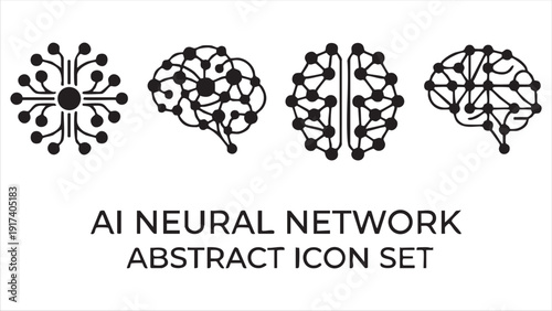 Set of four ai neural network abstract icons depicting interconnected brain-like structures and digital pathways