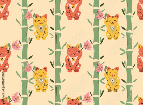 Feng Shui seamless pattern with lucky maneki neko cat and green bamboo for wealth and harmony. Perfect for holistic branding, textile design, and peaceful interior wallpapers.