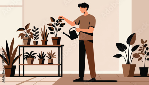 A person waters potted plants in a room with soft natural light