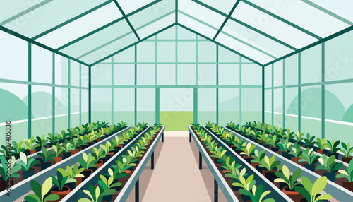 Rows of potted plants grow inside a bright, modern greenhouse