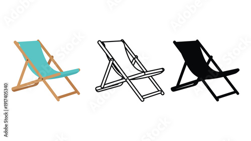 Relaxing beach chair in three styles: colorful, outline, and silhouette for summer leisure.