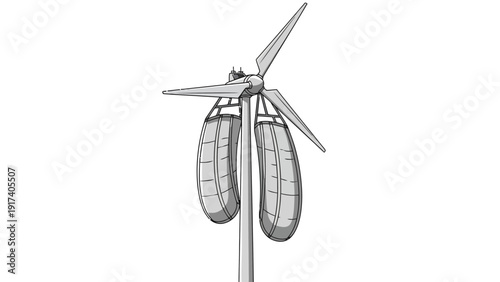 Grayscale drawing of a unique wind turbine with two hanging inflated components