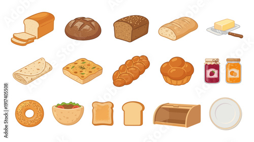 Different types of bread and bakery products. Collection of fresh homemade baking. Warm delicious food item for breakfast and meal.