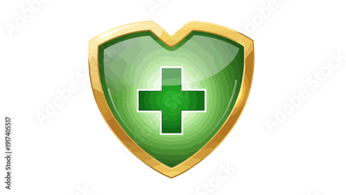 Green heartshaped shield with a whitebordered green cross emblem