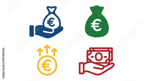 Financial icons symbolizing money, investment growth, and transactions with euro currency.
