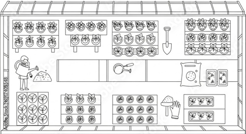 Greenhouse interior with rows of plants and gardening tools.
