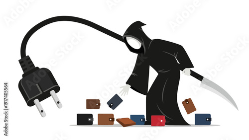 Grim Reaper collecting wallets connected to a large electrical plug