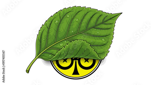 Green leaf with dew drops partially covering a yellow circle with black stylized face