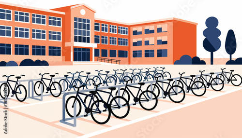 Orange building with many bicycles parked in front