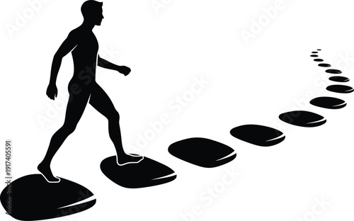 A pure black silhouette of a single human figure (gender-neutral) confidently stepping across a series of distinct, separated "stepping stones" that form a winding path, leading into the distance on a