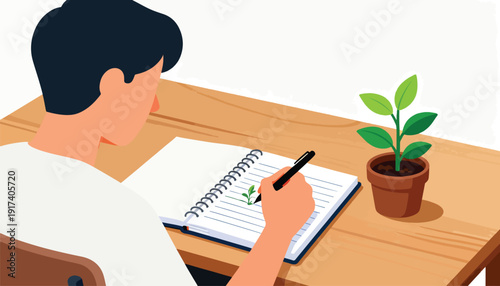 Person drawing a plant in a notebook on a wooden desk with a potted plant