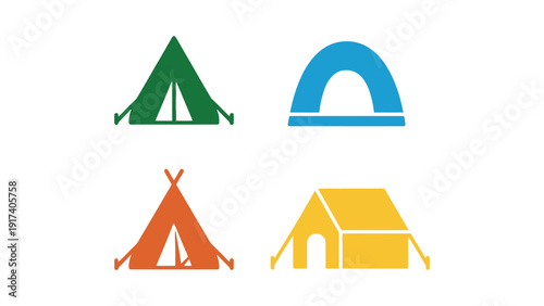 Tent colorful vector icons set for outdoor adventure travel