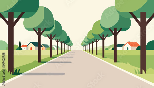 A serene, tree-lined road leads to charming houses in a picturesque countryside