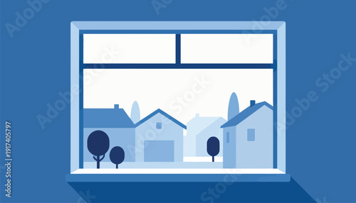 View of houses and trees through a blue framed window