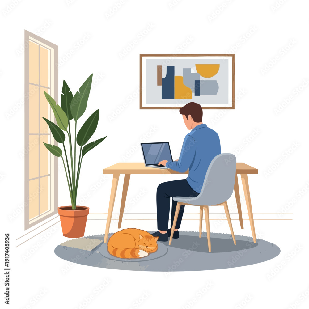Obraz premium Man working on laptop at home desk with cat sleeping nearby, natural light from window.